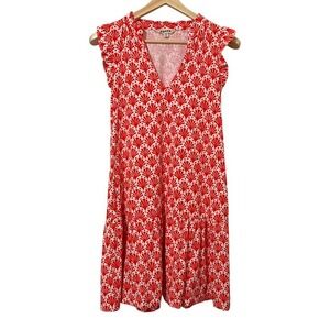 Boden Orange White Fan Pattern Flutter Sleeve V-Neck Ruffle Bottom Shift Dress 8